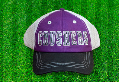 Purple twill kids hats with Crushers embroidered on front.