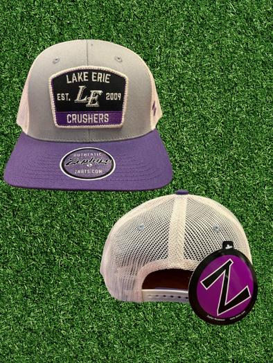 Trucker Hat-Grey with purple brim and  "LE" patch